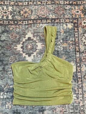SHEIN Olive Green One-Shoulder Ruched Crop Camisole